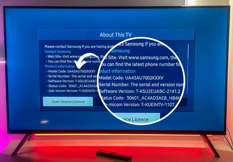 zoom in on the Model Code section in Samsung TV About This TV screen