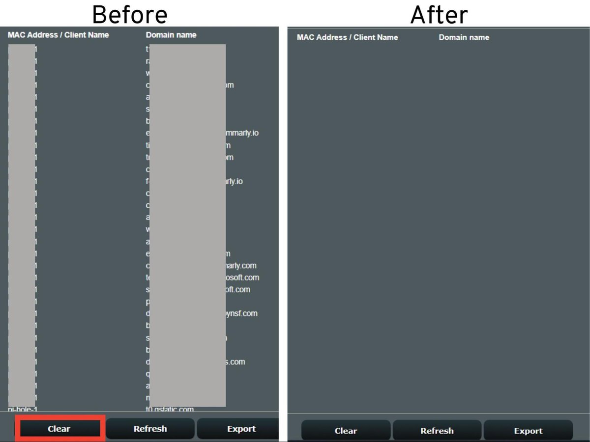 Before and after clearing the history on Asus router