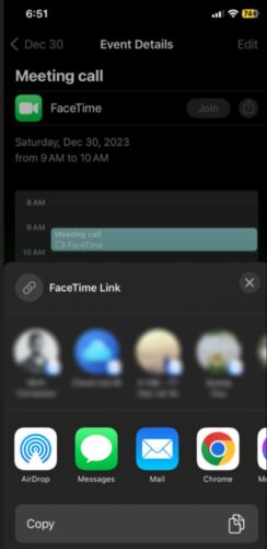 FaceTime Link window popped up on the Event Details setting on the iPhone