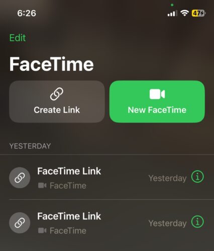 FaceTime app home screen