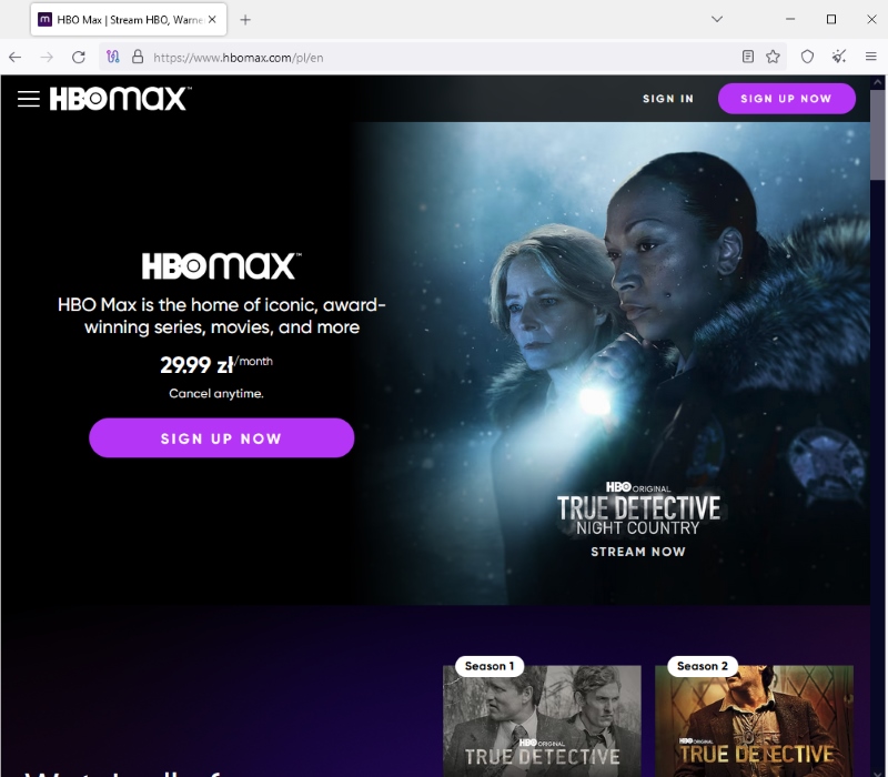 HBO Max home screen site on the Tor web browser