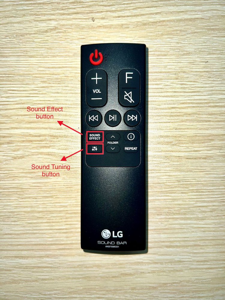 LG soundbar's remote with the sound effect and sound tuning buttons highlighted and described