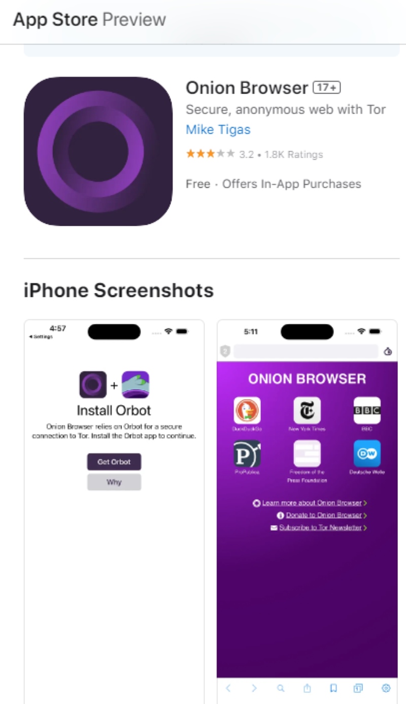 Onion Browser download screen on the Apple App Store