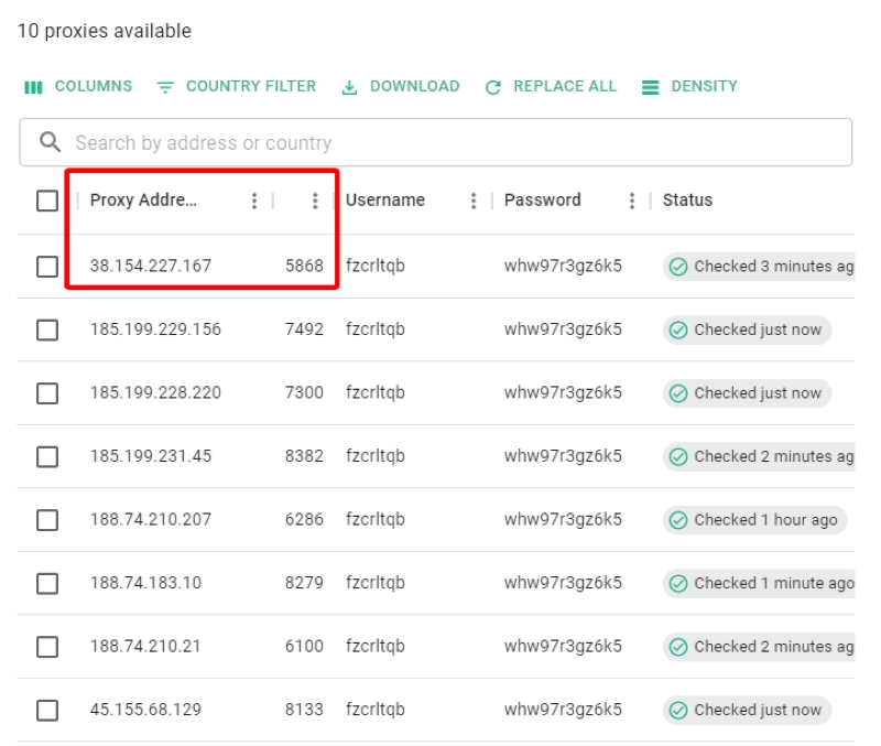 Proxy Address and port number shown on the Webshare site