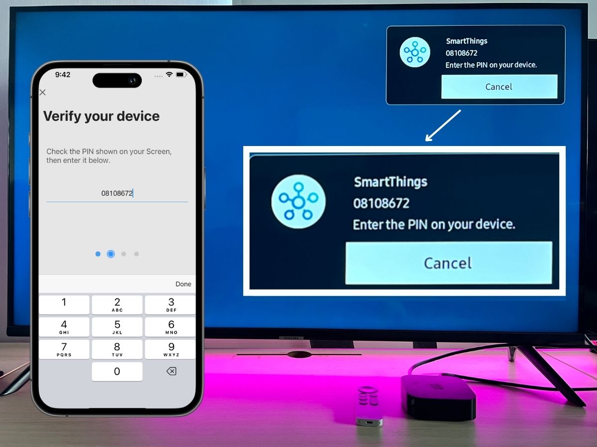 Samsung TV provides a code for iPhone 13 to enter in