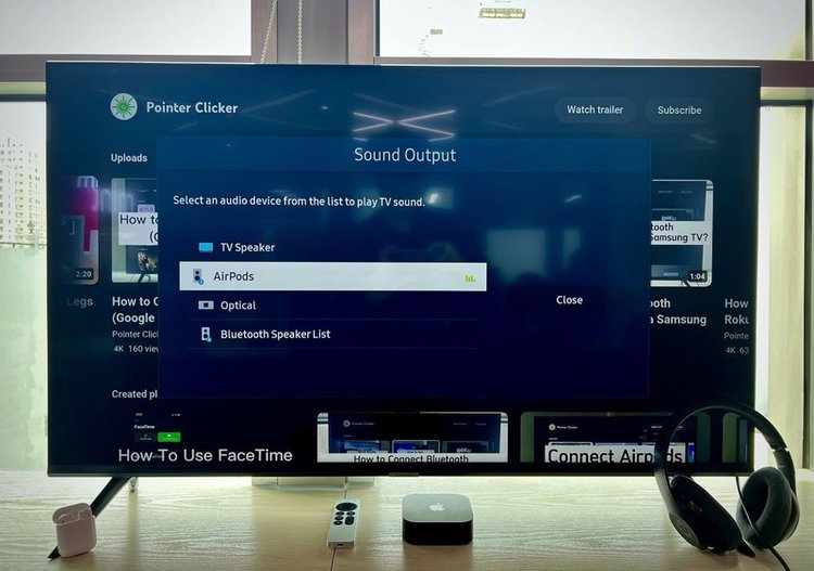 Samsung TV with connected AirPods, Bluetooth Headphone