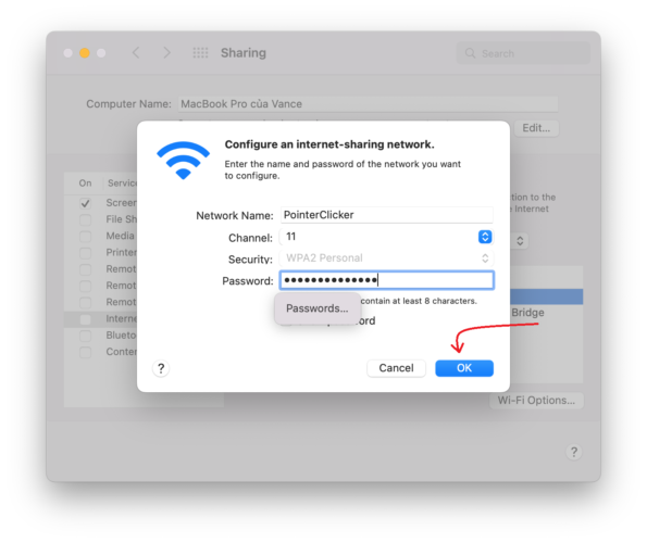Set name and password for the sharing network on mac