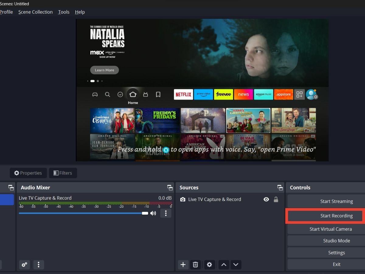 The Fire TV Stick interface on the OBS software