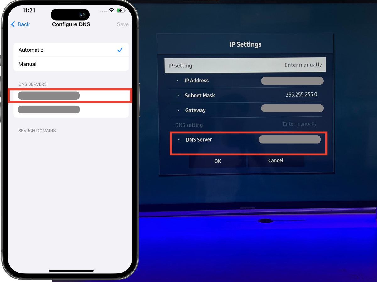 The DNS configure on iPhone 13 Pro is entered to the Samsung TV