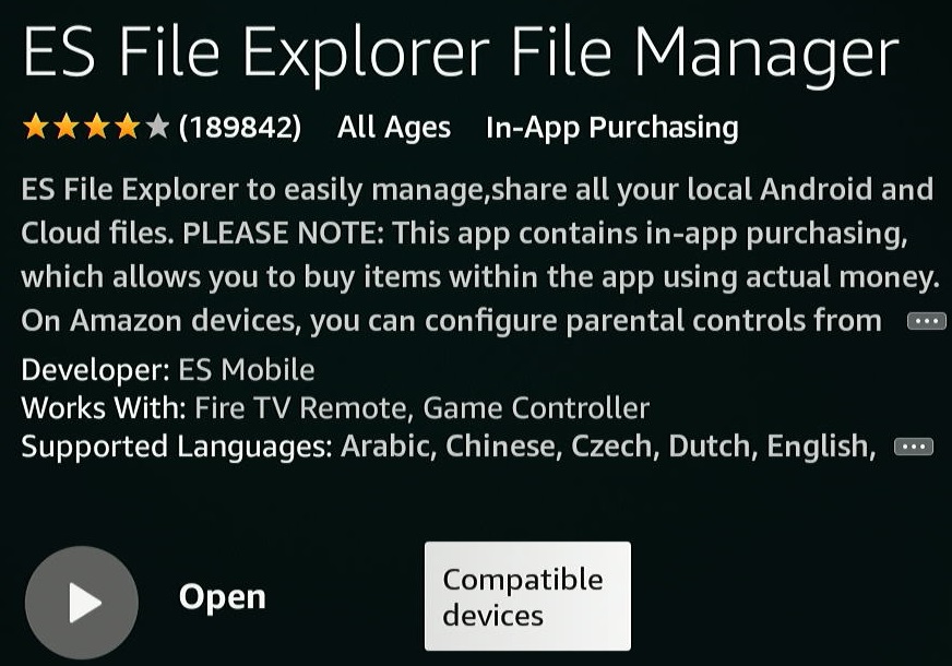 The ES File Explorer and Manager on Fire Stick AppStore