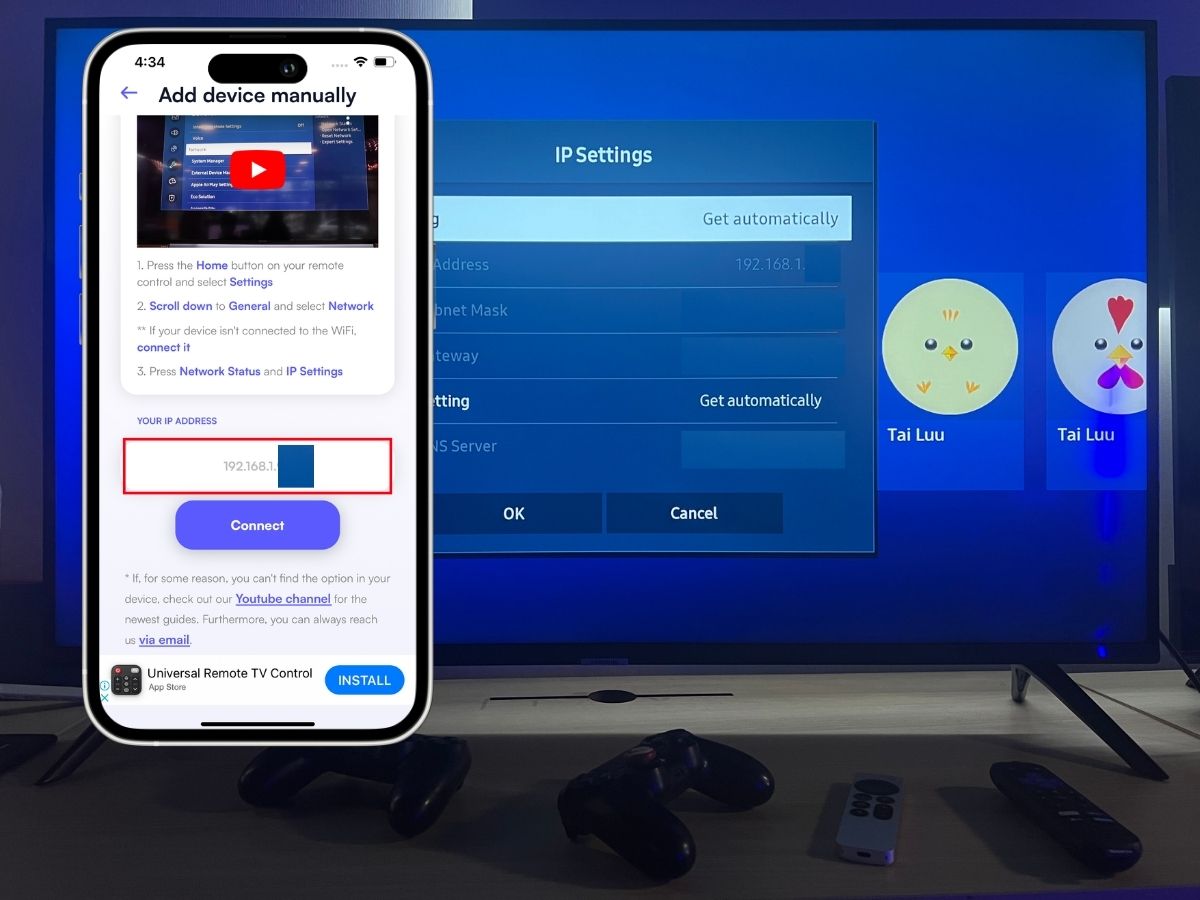 The IP address from Samsung TV is typed onto the remote app on iPhone 13