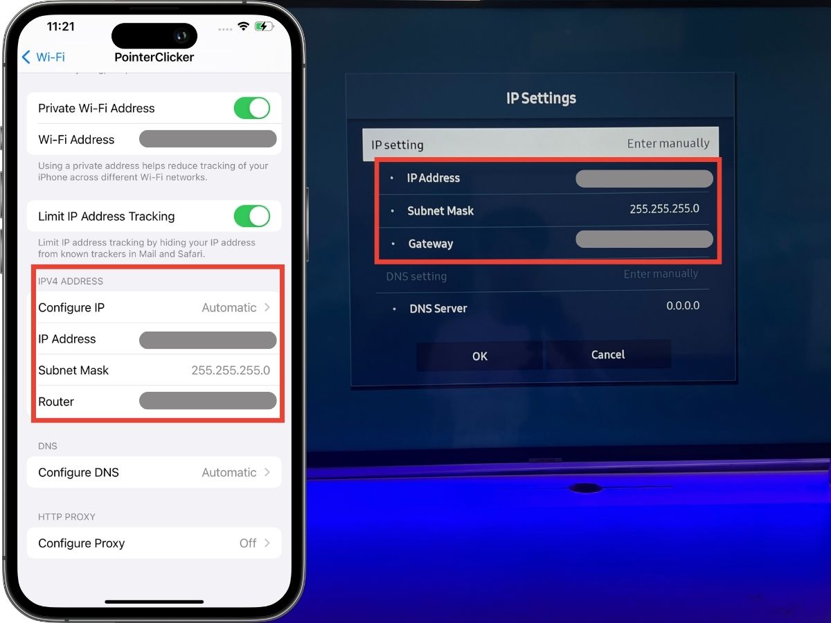 The IPv4 address from iPhone 13 Pro is set to Samsung TV