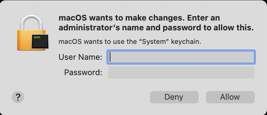The MacBook prompt to ask for user name and password to access the application