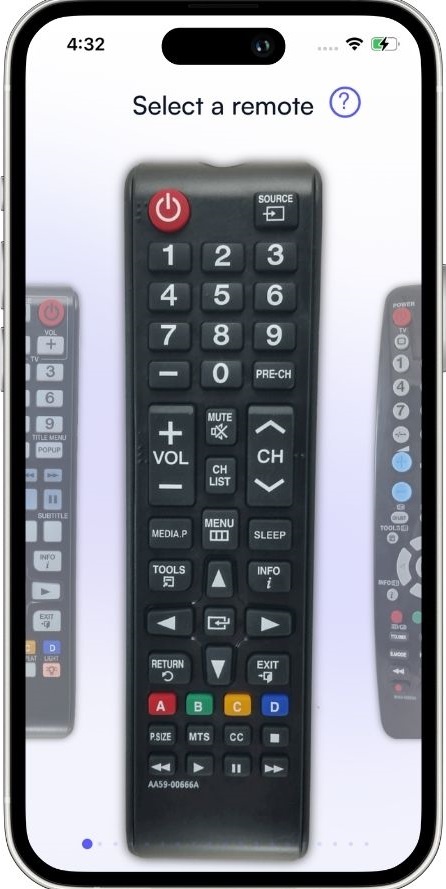 The Samsung remote app asking users to select the remote model on the app