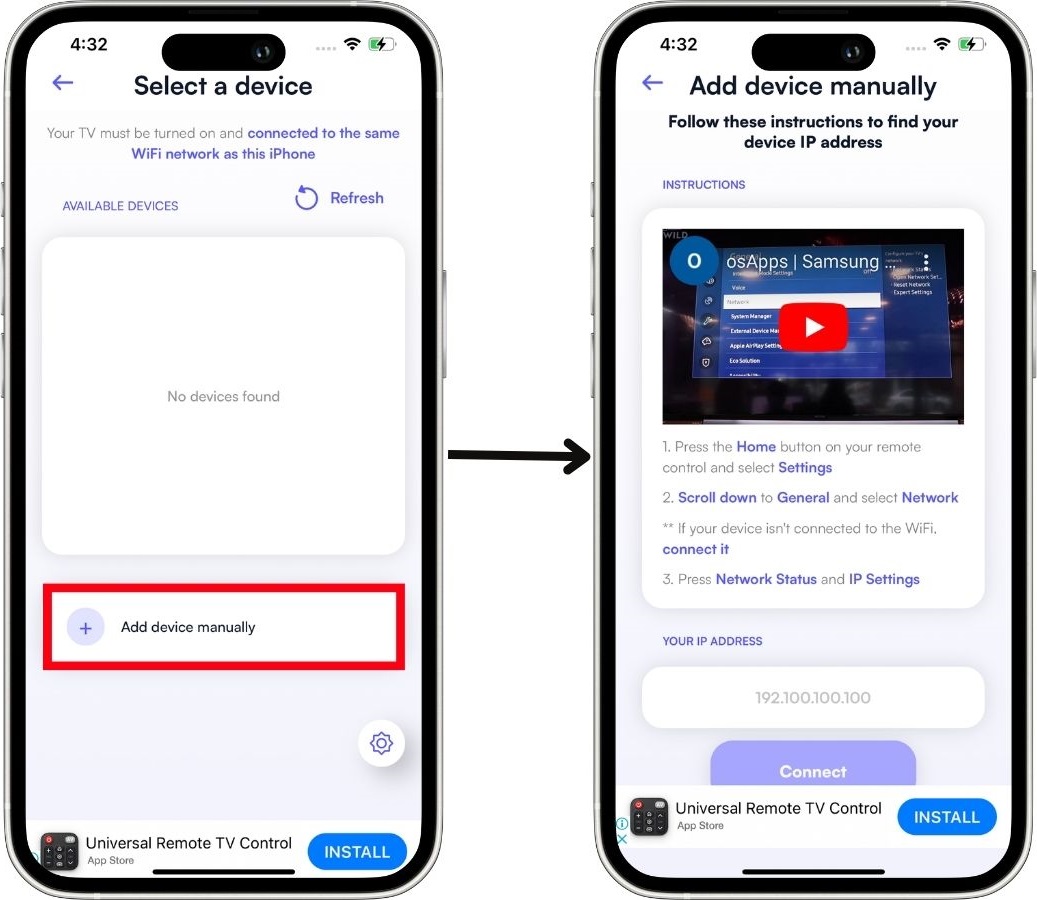 The Samsung remote app on iPhone 13 Pro with the instruction how to find IP address on Samsung TV