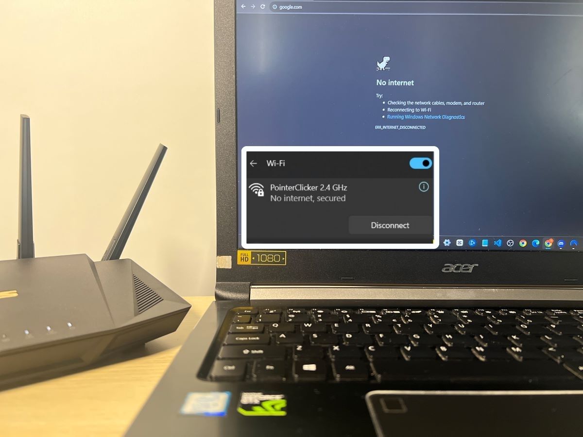 The Windows laptop showing no internet connection by using Google chrome along side the laptop is an Asus router