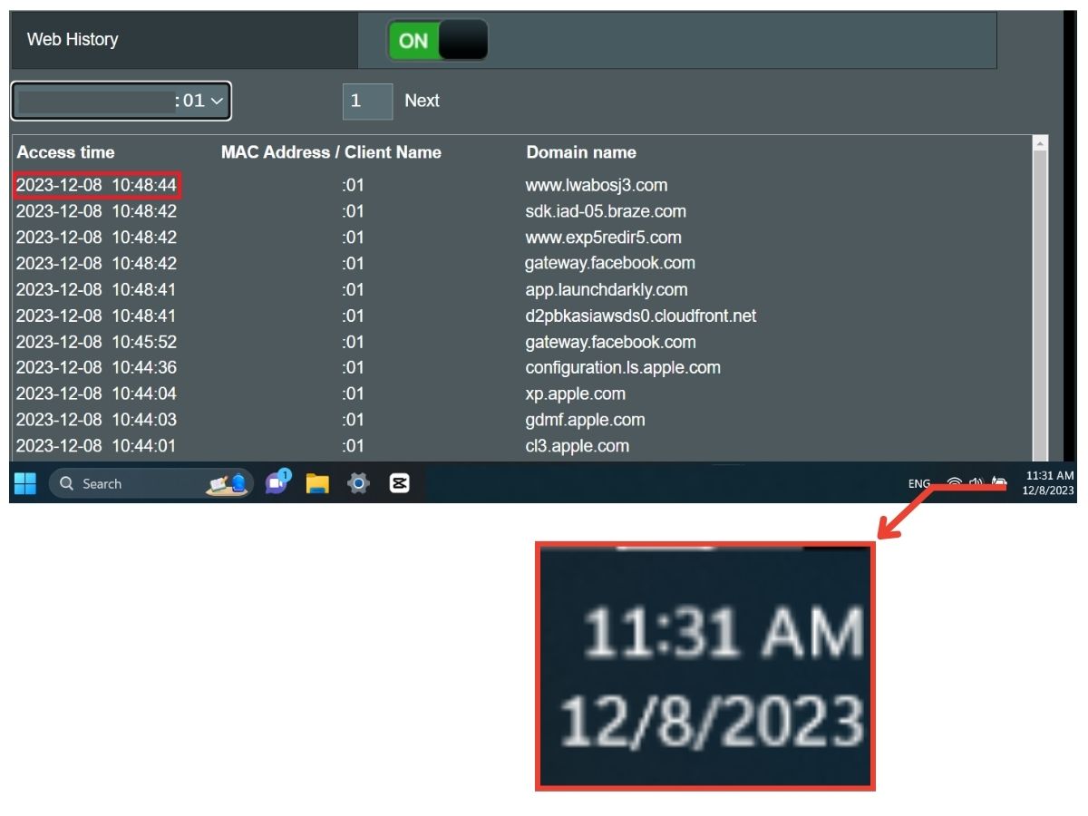 The history tracking the device that accessed to multiple of the URLs by Asus router