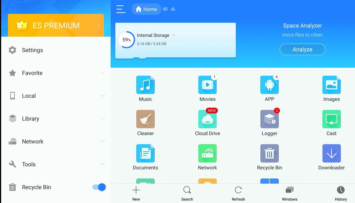 The interface of the ES File Manager app on Fire Stick