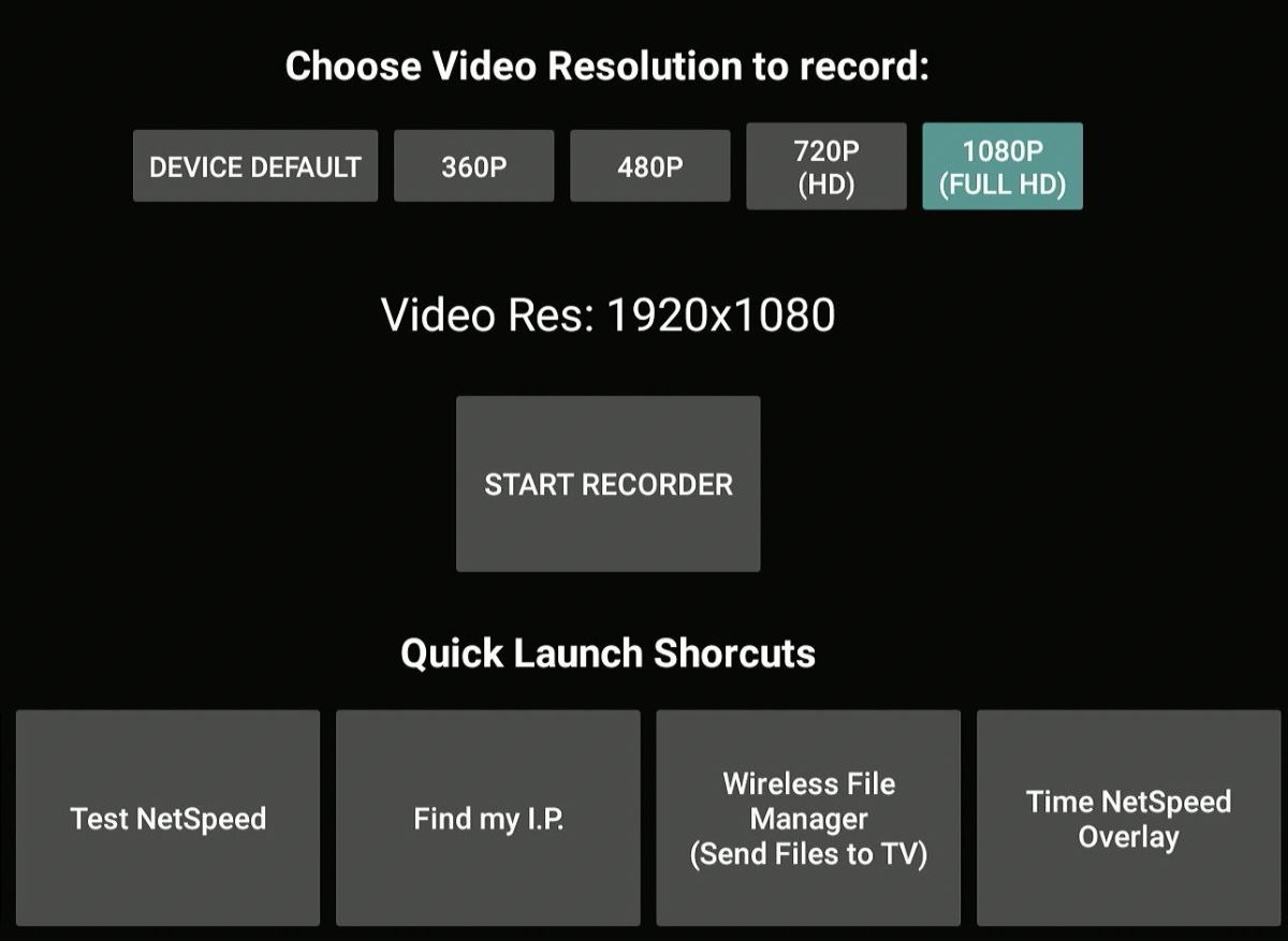 The interface of the Screen Recorder app on Fire TV Stick