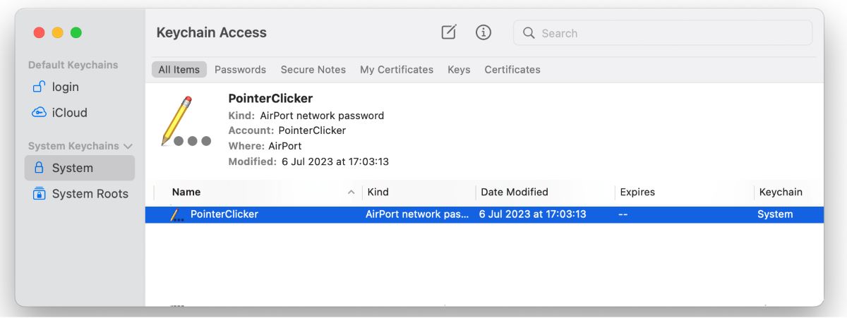 The interface of the keychain access on MacBook showing the PointerClicker network