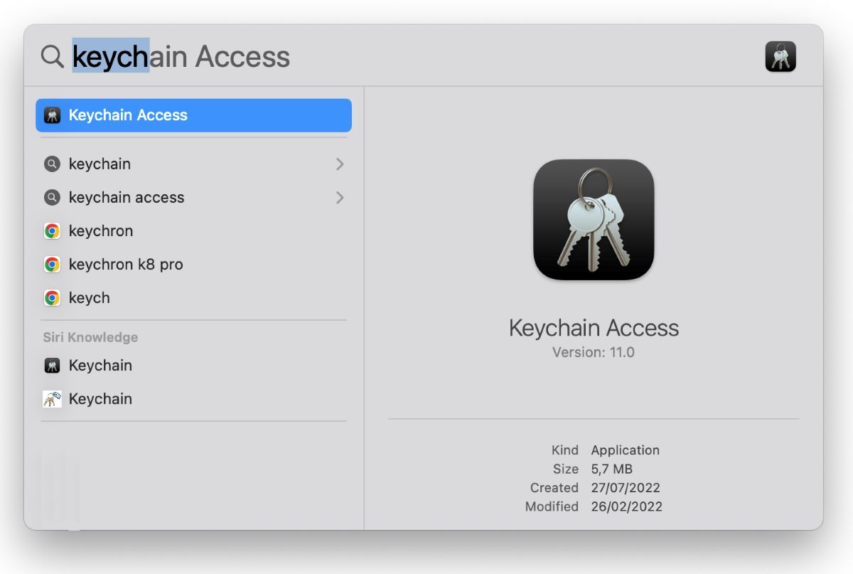 The keychain access application on MacBook with the details about size and date created