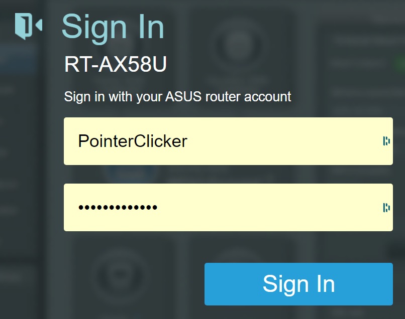The login admin interface of the Asus router