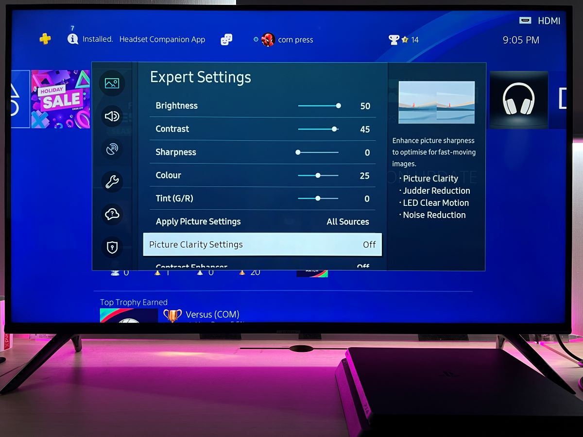 The picture clarity settings on Samsung TV is set to Off