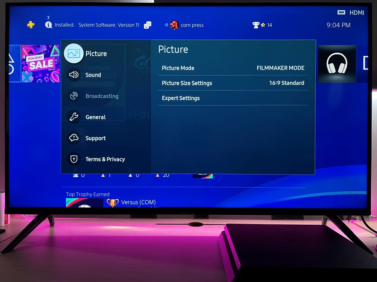 The picture settings from the main Settings on Samsung TV