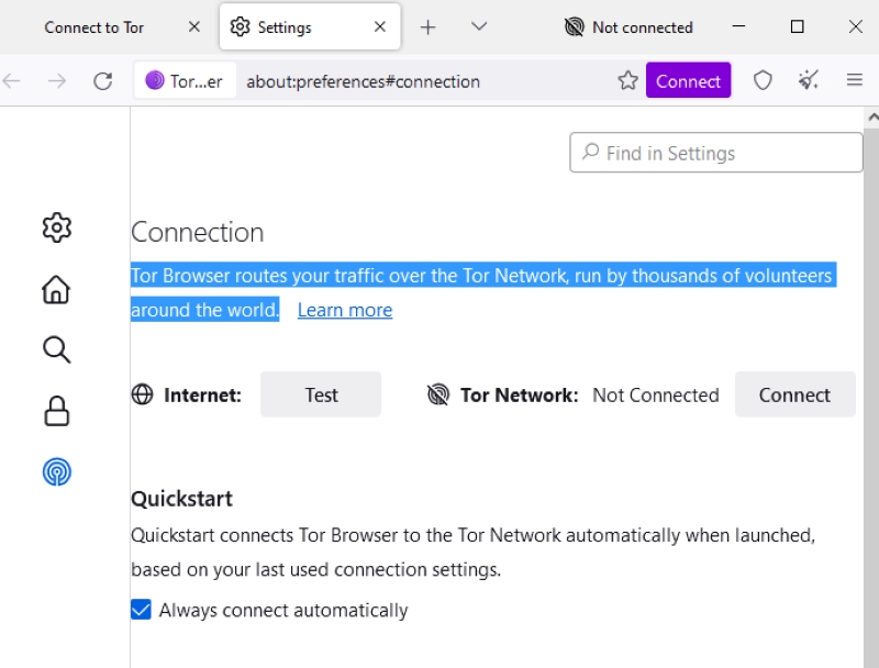 Tor Browser Settings screen