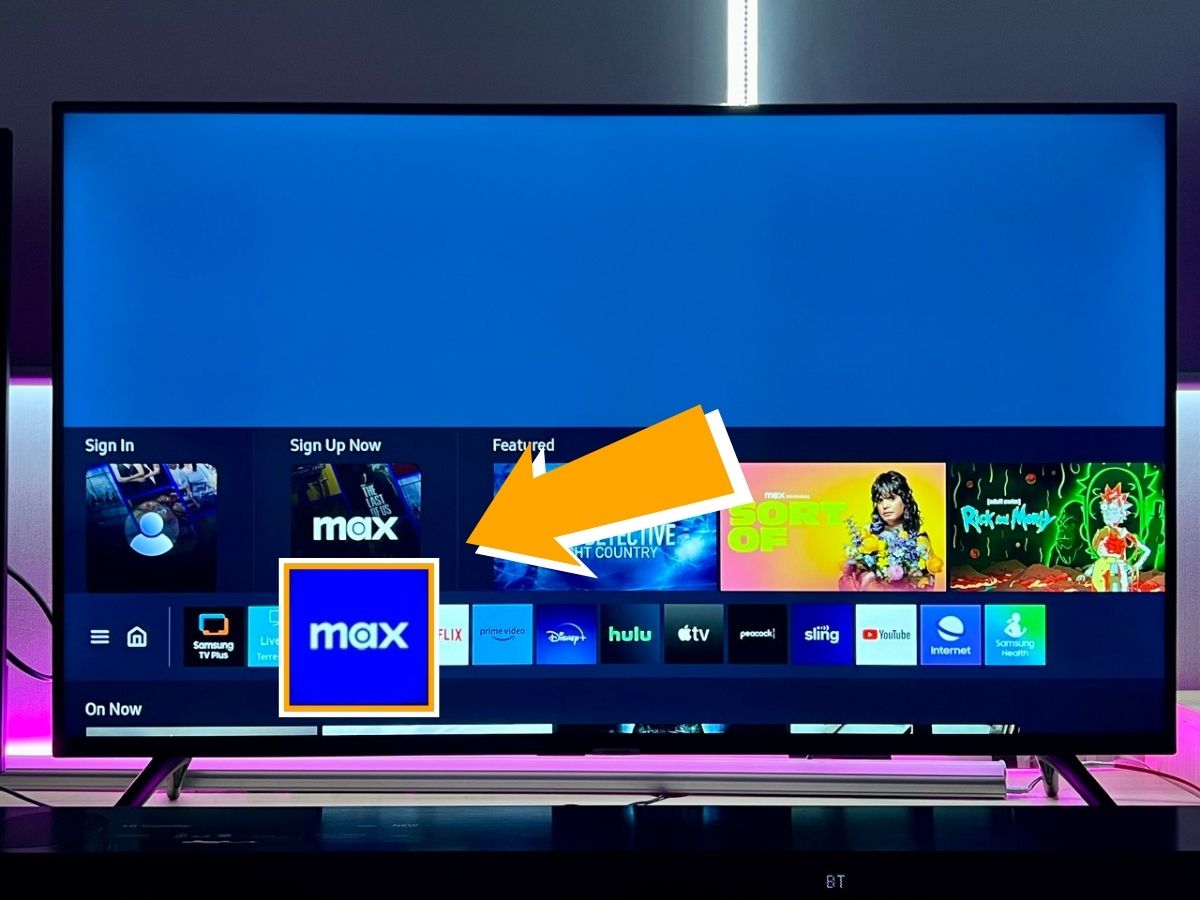 a big arrow pointing at the max app on the samsung tv screen