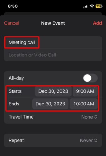 add the name and start-end times of a New Event on the iPhone calendar app