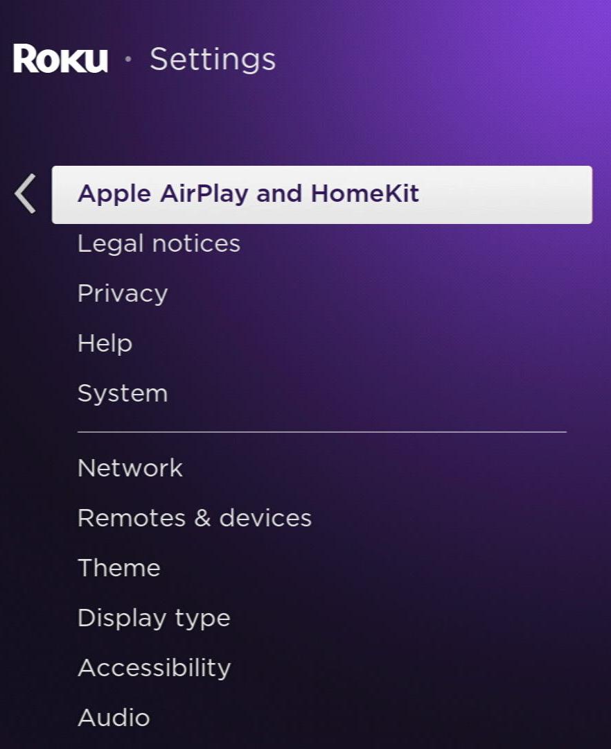 apple airplay and homekit option on a roku is highlighted