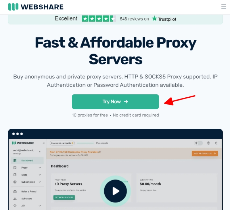 click on the Try Now button to trial using the WebShare proxy service
