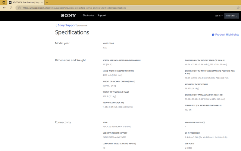 detailed specifications of a Sony TV
