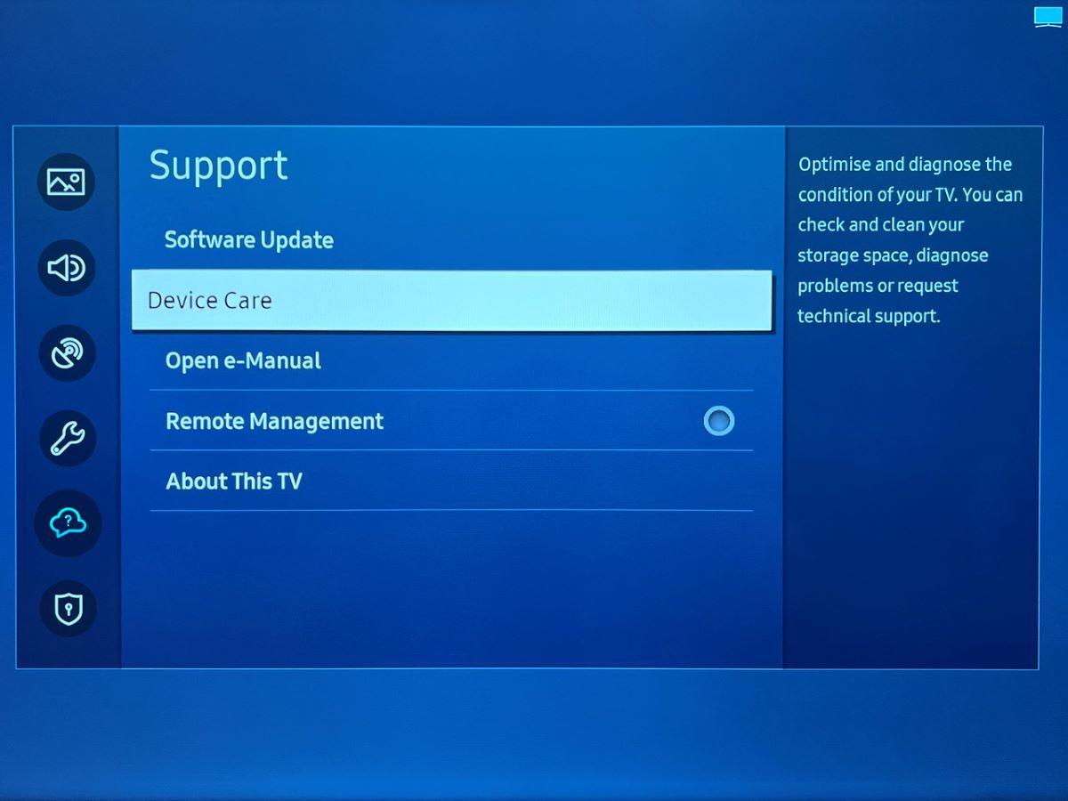device care option is highligted on a samsung tv