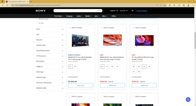 different TVs on the Sony TV website