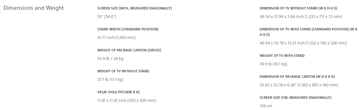 dimensions and weight of a Sony TV