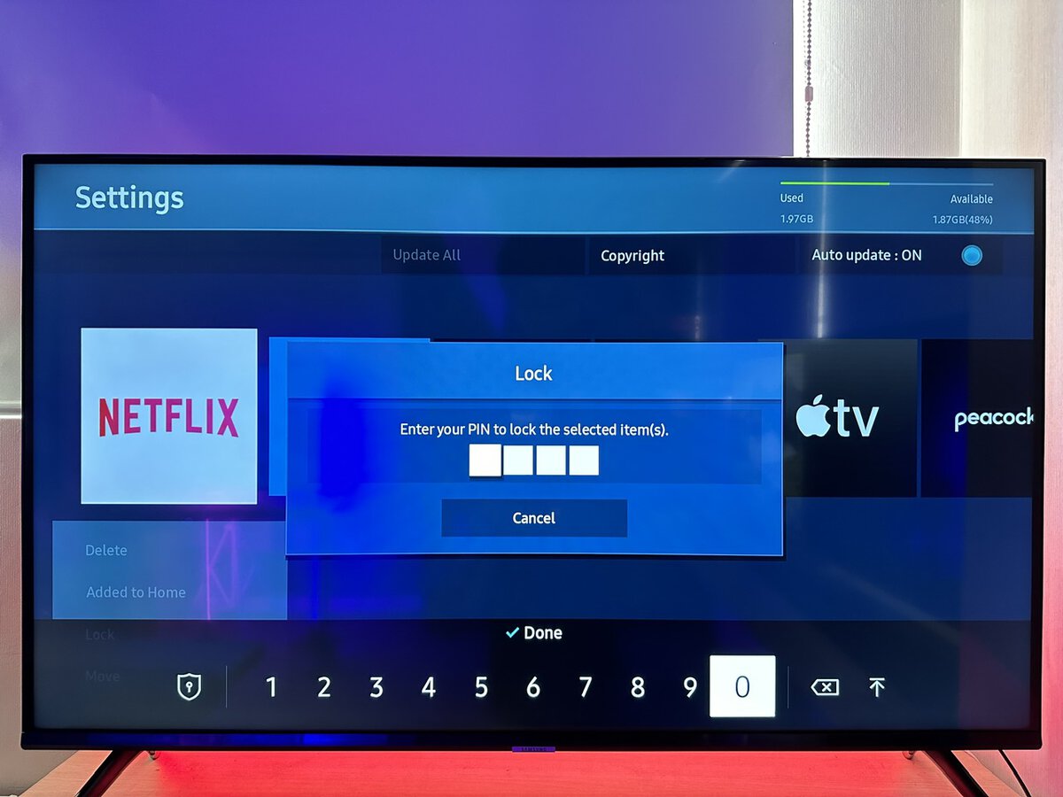 enter pin to lock the netflix app on a samsung tv
