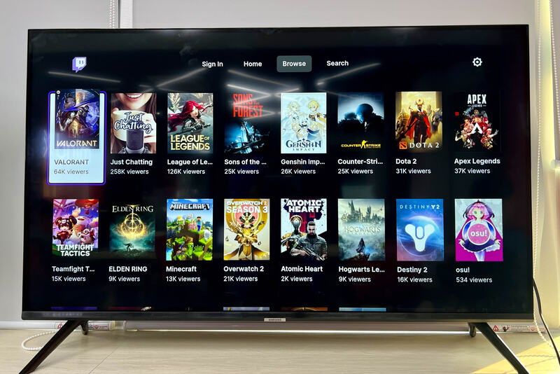 games in Twitch app on Samsung TV screen
