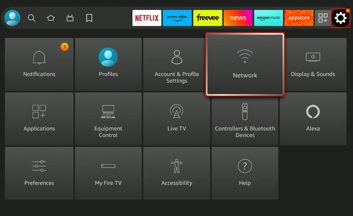 gear icon and network option are highlighted on a firestick