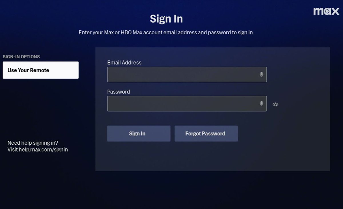 hbo max sign-in screen on a roku express