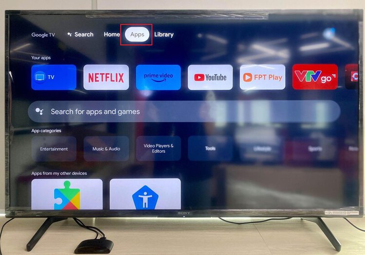 highlight Apps at the top of Sony TV screen