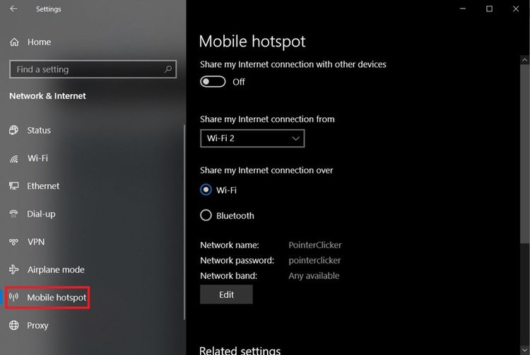 highlight the Mobile Hotspot option on the left panel