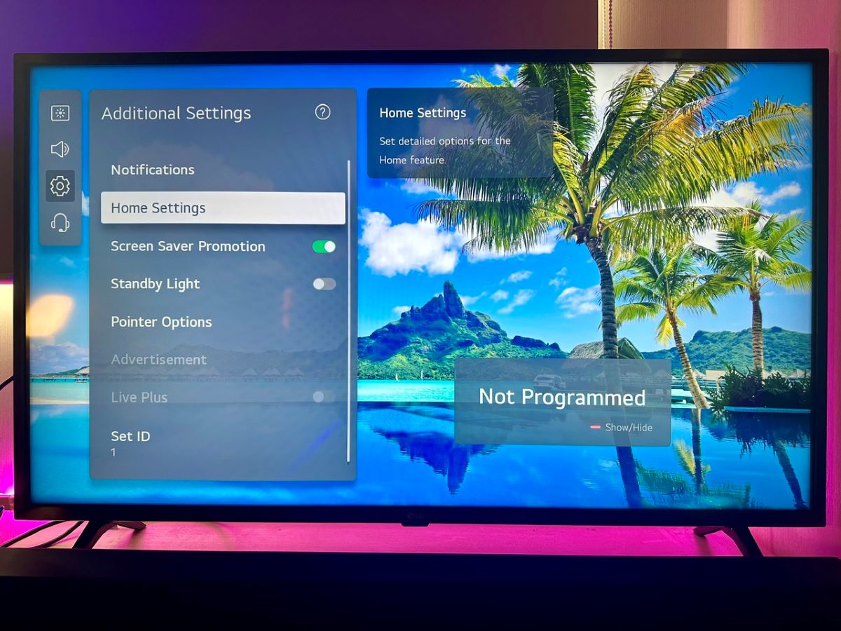 home settings option is highlighted on an lg tv