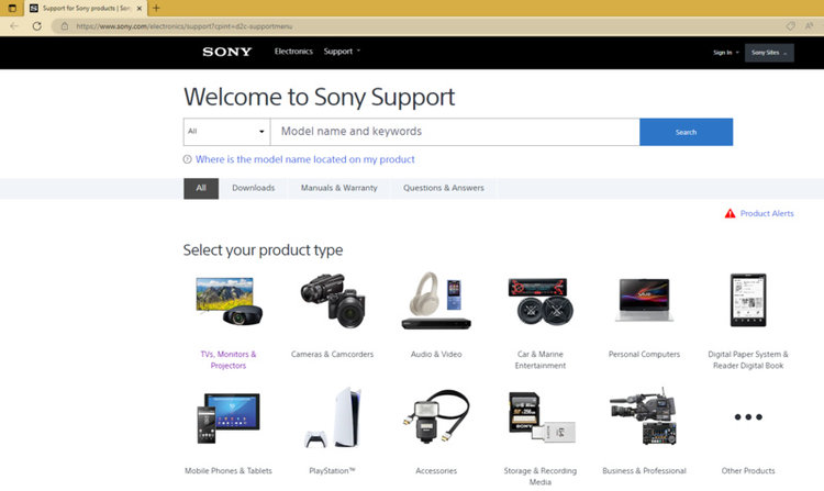 homepage of Sony TV Support