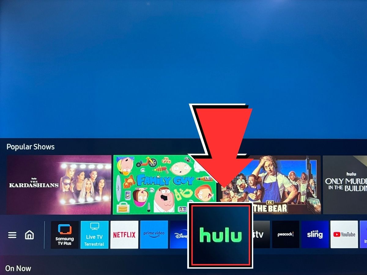 hulu app is highlighted and pointed at on a samsung tv's home screen