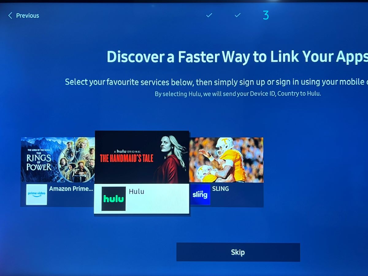 hulu is highlighted to link account on a samsung tv