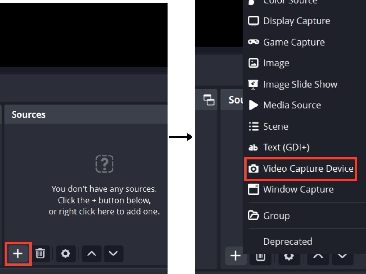 The adding source for video capture on OBS software