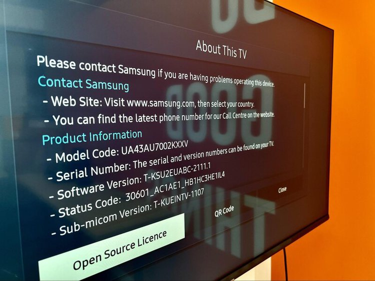 information of a Samsung TV on the TV screen
