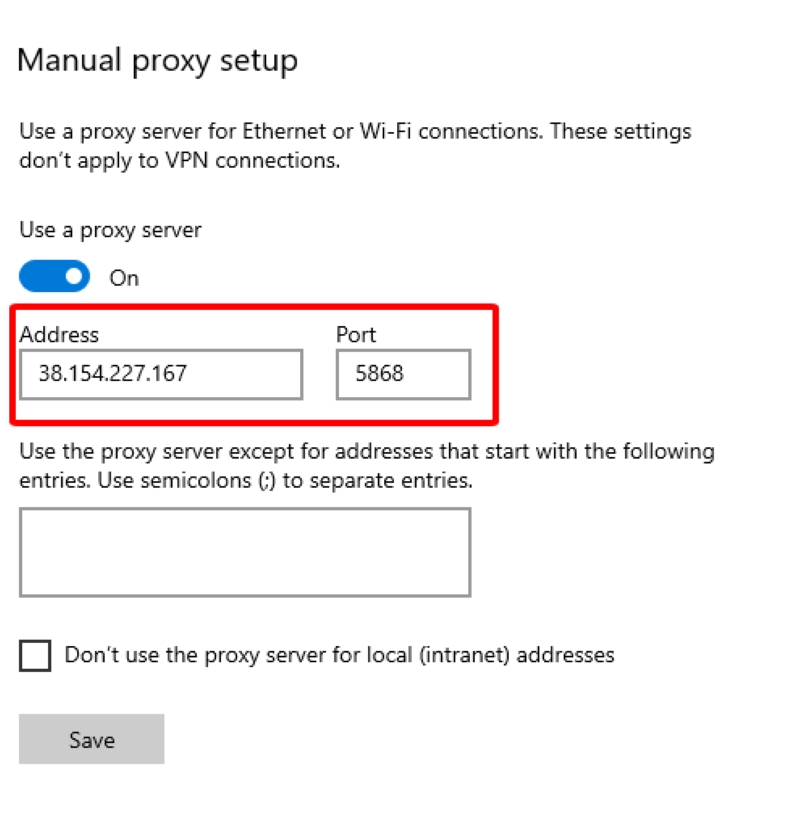 input Proxy address and port number on Windows PC Proxy setting